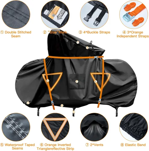 Vista 3 de NEVERLAND Funda para bicicleta para transporte en bastidor, cubierta de bicicleta para almacenamiento al aire libre, impermeable para todas