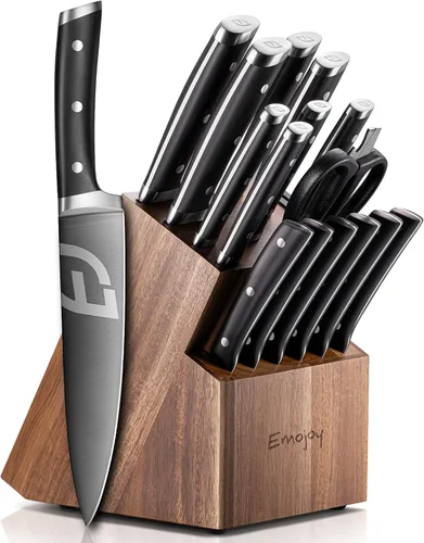 Emojoy Juego de cuchillos, juego de cuchillos de cocina con bloque – 17 cuchillos de acero de titanio alemán con bloque de madera de acacia