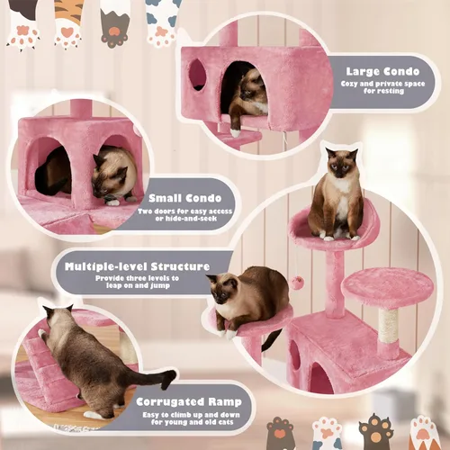 Vista 8 de Yaheetech Torre de árbol para gatos de 54 pulgadas, árbol de varios niveles para gatos de interior con postes rascadores, bolas colgantes, casa