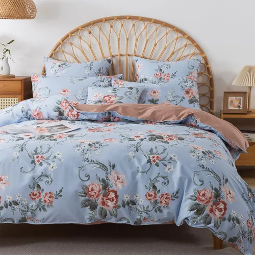 Vista 20 de FADFAY Juego de funda de edredón floral, tamaño completo, 100 % algodón, diseño de rosas y flores, funda de edredón azul, ropa de cama vintage