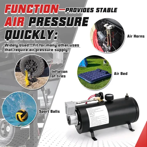 Vista 5 de PTNHZ Bomba de Tanque de Compresor de Aire DC 12V MAX 150PSI con Tanque de 3 Litros 0.8 Galones Para Tren, Camión, Barco, Camioneta, Autocaravana.