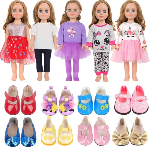 MSYO Kit de ropa y accesorios para muñecas de 18 pulgadas: 5 juegos de ropa preestilizados + 2 pares de zapatos (8 estilos disponibles) – Juego de