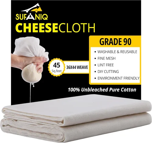 Vista 12 de Sufaniq Paños de Queso, Grado 90 (9 Pies Cuadrados) Estopilla Reutilizable de Algodón 100% Puro, Tela Ultrafina Sin Blanquear, Estopilla para Colar