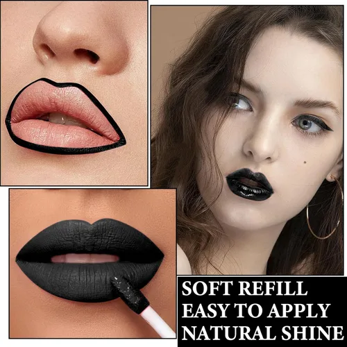 Vista 5 de Lápiz labial líquido negro mate, juego de delineador de labios y lápiz labial negro 3 en 1, brillo de labios mate de larga duración, terciopelo