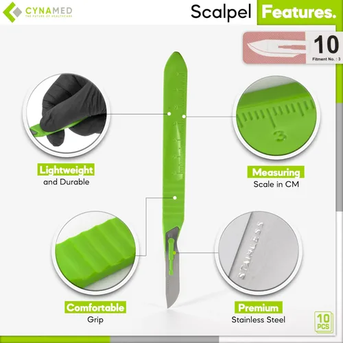 Vista 2 de Cynamed - Cuchillas de bisturí desechables Cuchillas afiladas de acero inoxidable templado Paquete de 10 cuchillos de bisturí estériles Mango