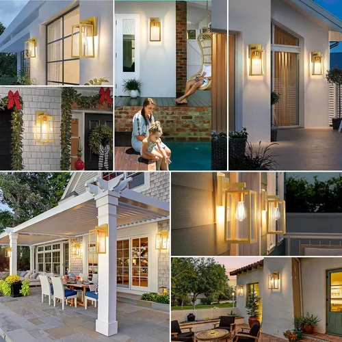 Vista 7 de MAXvolador Farol de pared para exteriores, aplique de pared impermeable exterior, lámpara de pared dorada antioxidante con pantalla de vidrio