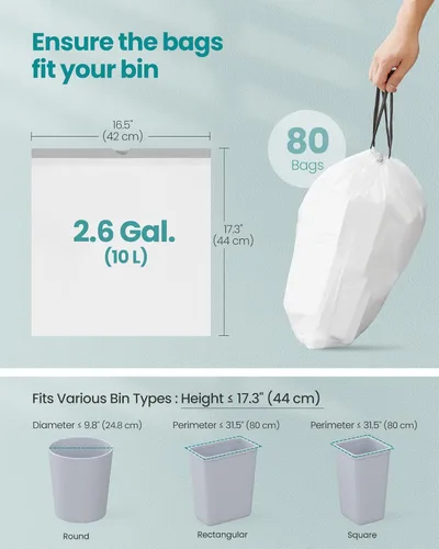 Vista 6 de SONGMICS Bolsas de basura para botes de basura de 2.6 galones (10 litros), bolsas de basura con cordón para cocina, preseparadas, caja