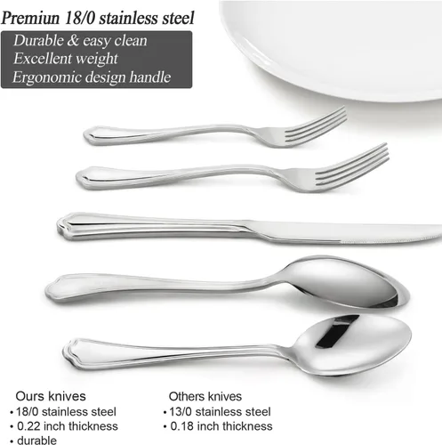 Vista 3 de HaWare Juego de cubiertos de 60 piezas para 12, cubiertos de acero inoxidable, diseño moderno con bordes de corona para el hogar, cocina, hotel