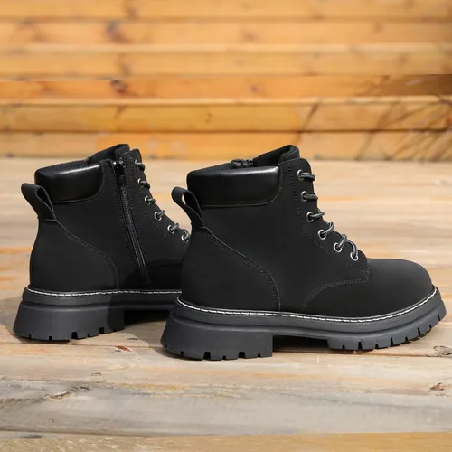 Vista 7 de JABASIC Botas de combate de cuero para mujer tacón bajo con cordones para exteriores senderismo trabajo