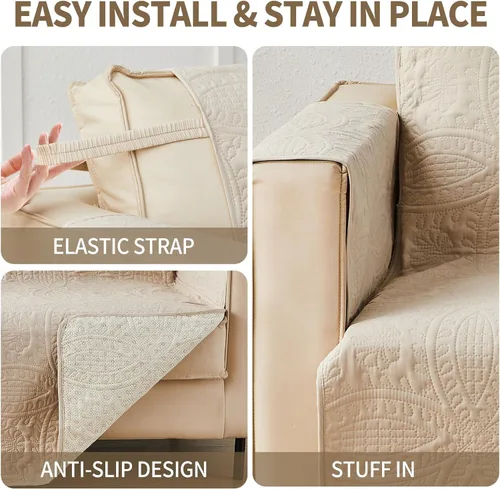 Vista 4 de JYHOPE Funda elástica lavable con correas traseras de amarre y patrón texturizado de monedas, protector de muebles antideslizante para sofá modular