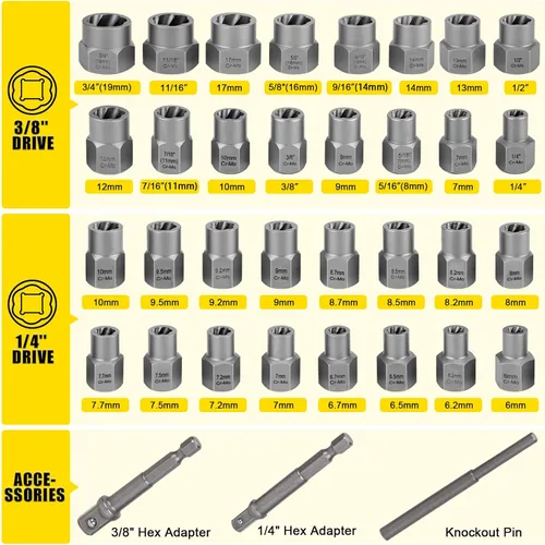 Vista 2 de TOPEC Kit extractor de pernos, juego de 35 piezas de enchufes extractores de pernos pelados, juego de llaves de vaso de 1/4 y 3/8 pulgadas