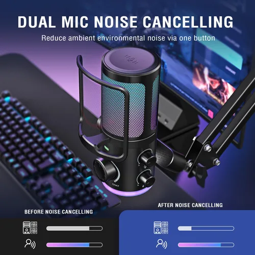 Vista 9 de FIFINE Kit de micrófono de transmisión USB para juegos, micrófono de condensador con RGB, cancelación de ruido, Dial de juego/chat Plug & Play