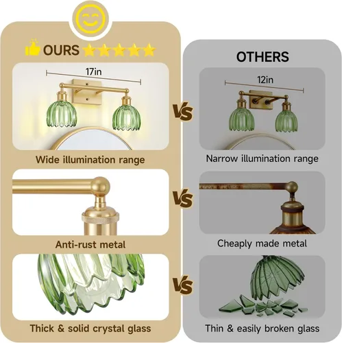 Vista 7 de Bathroom Lights Over Mirror,2-Light Vintage Vanity Light Fixtures,Retro Brass Bathroom Light, Flower Wall Sconce With Green Tulip Glass Shade For