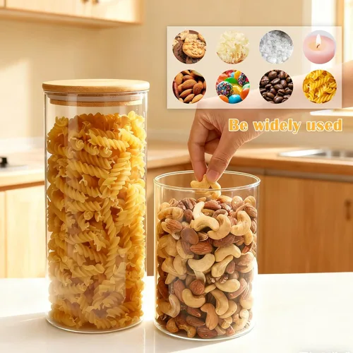 Vista 6 de Juego de 5 tarros de vidrio herméticos con tapas de bambú, juego de 5 recipientes de cocina para azúcar, dulces, galletas, arroz y especias