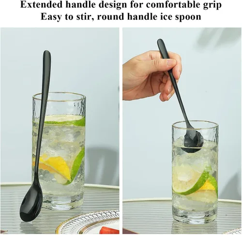 Vista 6 de Evanda Juego de 12 cucharas de té helado de mango largo negro, cucharaditas de acero inoxidable negro chapado en titanio, barra agitadora y cucharas