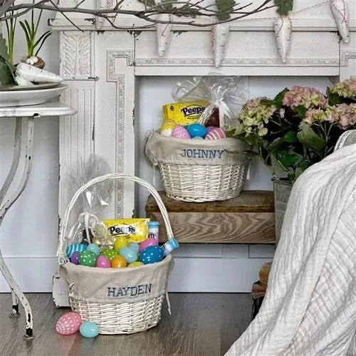 Vista 5 de Personalization Universe Cesta de Pascua de sauce tejida a mano personalizada con mango plegable, primera Pascua, búsqueda de huevos, diseño