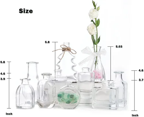 Vista 9 de Juego de 10 jarrones de cristal, mini jarrones de flores, pequeños jarrones para centros de mesa, jarrón vintage transparente a granel