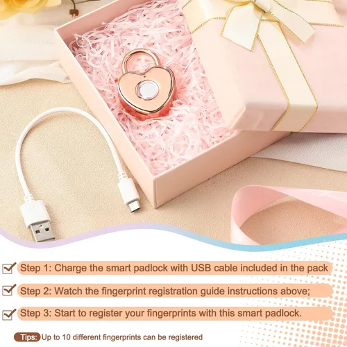 Vista 5 de Candado de huellas dactilares con forma de corazón, pequeño candado de oro rosa para mujer, candado inteligente con estampado de dedos