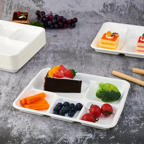 Vista 6 de Vplus Platos 100% compostables con 5 compartimentos, paquete de 125 platos ecológicos desechables de caña de azúcar de 10 x 8 pulgadas, bandeja