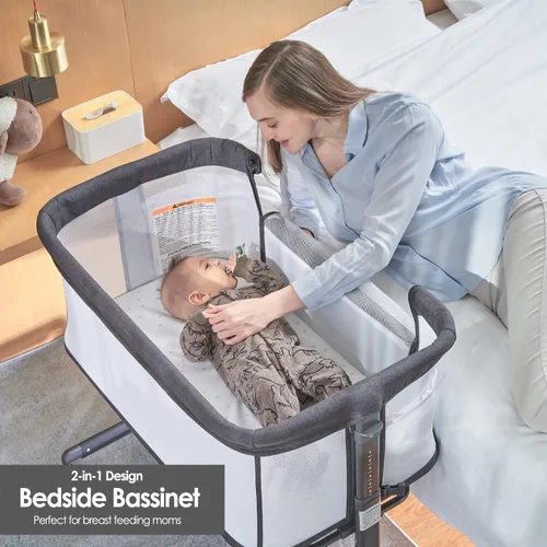 Vista 4 de QUTANIX Moisés para bebé con ruedas, fácil de plegar y ligera, de malla transpirable y altura ajustable, color gris