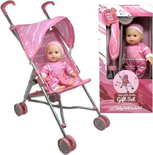 Muñeca de bebé con juego de cochecito - Muñeca de bebé de 12 pulgadas con juego de regalo de chupete - Juguete de cochecito de bebé de tela rosa