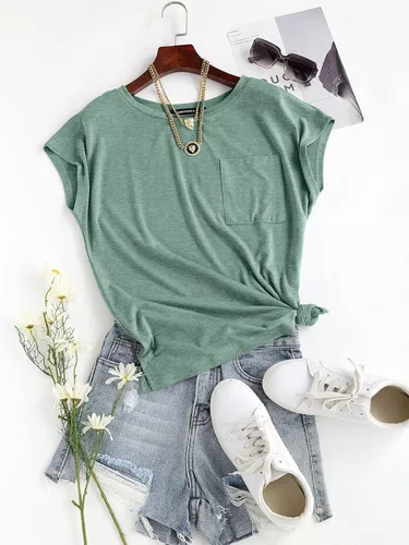 Vista 4 de MEROKEETY Camiseta de manga casquillo para mujer, estilo casual, para verano, suelta, color sólido