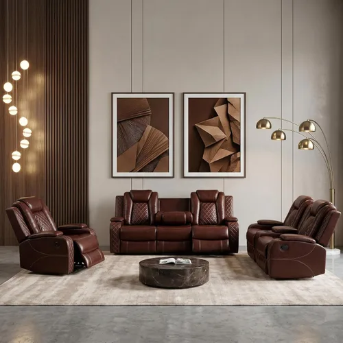 Vista 10 de Juego de sofá reclinable eléctrico de cuero con LED, juego de muebles de sala de estar, juego de sofá de cuero con puerto USB, consola