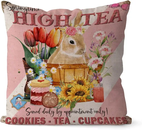 Vista 37 de Fundas de almohada vintage de conejo de Pascua, flores de primavera, huevos de Pascua, Navidad, 16 x 16 pulgadas, funda de almohada de lino