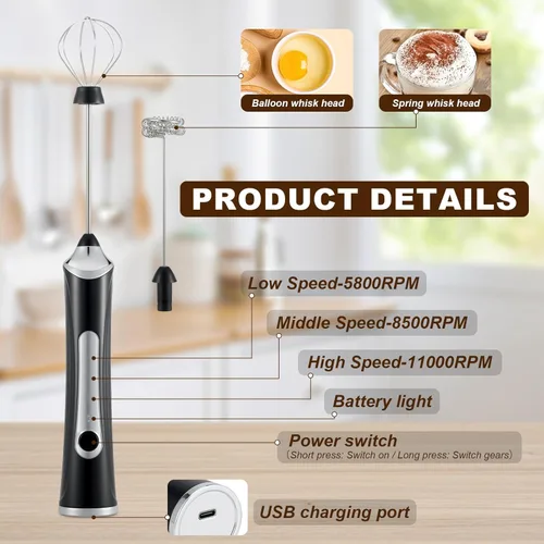 Vista 3 de Espumador de leche eléctrico de mano con 2 cabezas, batidor de café con espuma recargable por USB de 3 velocidades, licuadora de espuma para café