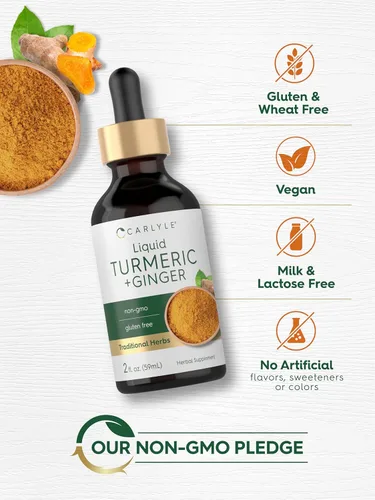 Vista 5 de Carlyle Gotas de cúrcuma y jengibre de 2 onzas líquidas Suplemento con pimienta negra Vegano, sin OMG, sin gluten