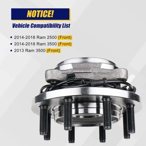 Vista 6 de KUSATEC 515162 Buje de rueda delantera y conjunto de cojinetes compatible con Ram 2500 3500 Pickup 2013 2014 2015 2016 2017 2018, 8 pernos con ABS