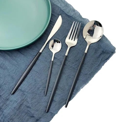 Vista 4 de Juego de cubiertos plateados con mango negro, 24 piezas de acero inoxidable brillante, cubiertos para 6, aptos para lavavajillas