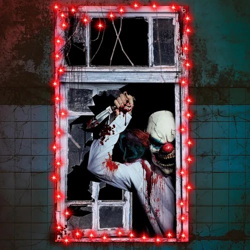 Panelee Cubierta de ventana de payaso aterrador de Halloween, cortina de luz LED, telón de fondo de puerta para decoración espeluznante del hogar,