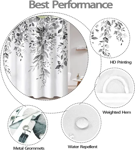 Vista 6 de Cortina de ducha extra larga de eucalipto gris y blanco de 84 pulgadas, cortinas de ducha de hojas florales grises para baño, cortina de baño