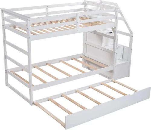 Vista 85 de Harper & Bright Designs Litera de tamaño matrimonial sobre matrimonial con 3 cajones, litera de madera maciza con almacenamiento y riel de Gris