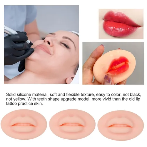 Vista 5 de Labios falsos de tatuaje, 3 piezas de tatuajes, labios de práctica de silicona 5D para prácticas de maquillaje, práctica de tatuajes realistas
