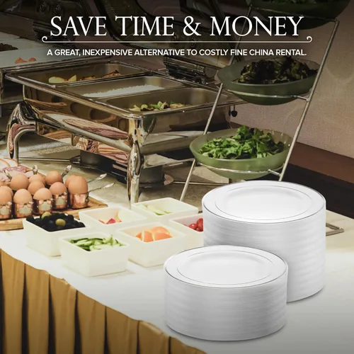 Vista 7 de Platos llanos de plástico blanco y plateado de 10.25 pulgadas (paquete de 100) – Juego desechable elegante y resistente para 100 invitados – Boda