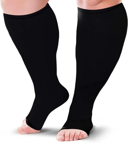 Vista 8 de Medias de compresión hasta la rodilla con punta abierta, 20-30 mmHg, uso diario (2XL, beige)