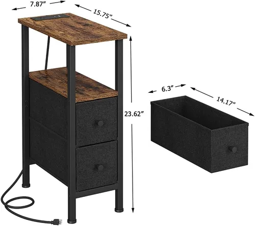 Vista 2 de Mesa auxiliar estrecha para espacios pequeños, mesa auxiliar delgada con estación de carga, mesa auxiliar junto al sofá con 2 cajones, 1