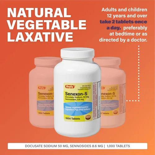 Vista 3 de Rugby Senexon-S Natural Vegetal Laxante Plus Suavizante de Heces - Docusate Sodium, 50 mg - Sennosides, 8,6 mg - 1000 Tabletas