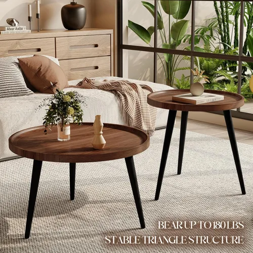 Vista 8 de 2 piezas de mesa de centro moderna de mediados de siglo, redonda para sala de estar, fácil de montar, mesas de centro anidables, mesa de centro