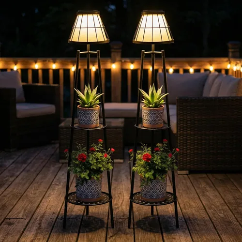 Paquete de 2 luces solares con soportes para plantas, 45.4 pulgadas, impermeables, de metal, para exteriores, para patio, terraza, camino, porche,