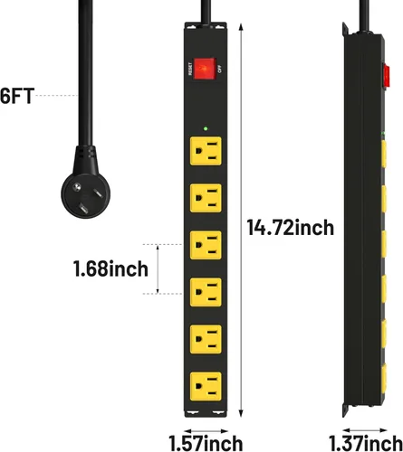 Vista 6 de Tira de alimentación larga de metal resistente de 6 tomas, protector de sobretensiones de 2700J con disyuntor de 15 A, cable de extensión de 6 pies