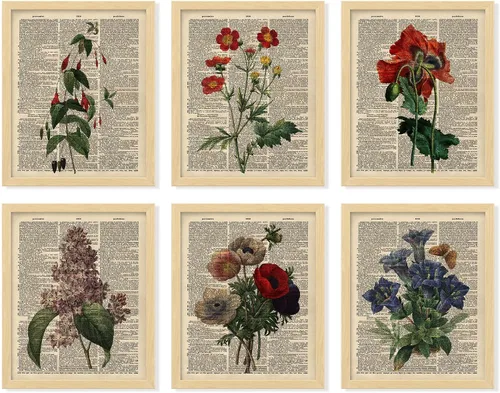 97 Decor Impresión artística floral vintage para pared, arte de pared botánico antiguo, decoración de pared de libro de flores, póster de flores de