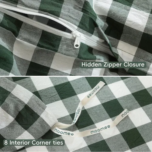 Vista 7 de MooMee Juego de funda de edredón a cuadros 100% algodón lavado con textura parecida al lino, transpirable, duradero, suave, cómodo, diseño moderno a