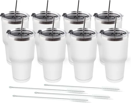 Vista 13 de Amtidy Paquete de 8 tazas de viaje de 30 onzas, vaso de acero inoxidable recubierto de polvo de doble pared a granel, taza de café aislada duradera