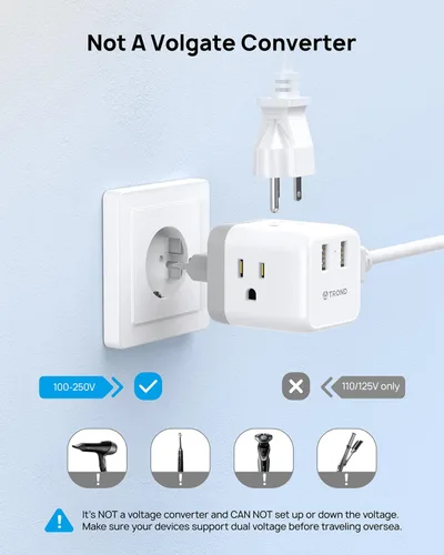 Vista 6 de TROND Adaptador de enchufe de viaje europeo - Convertidor de adaptador de corriente internacional para Europa con 3 tomacorrientes 2 USB, adaptador