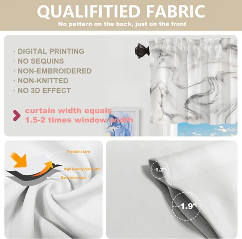 Vista 3 de BaoNews Cenefas de cocina de mármol abstracto blanco y gris para ventanas, cenefas opacas con ondas curvas, cortinas de poliéster multicapa