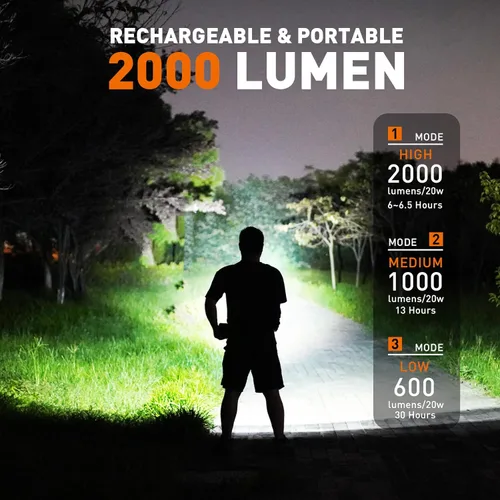 Vista 2 de GOODSMANN Foco recargable LED Spot Light Linterna de 2000 lúmenes Impermeable Luces de mano Proyector portátil recargable con silbato de emergencia