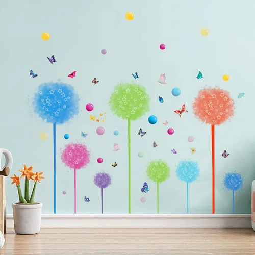 Vista 6 de Juego de 2 calcomanías de pared de flores silvestres de diente de león, calcomanías de arte para pared, diseño de mariposas florales, decoración